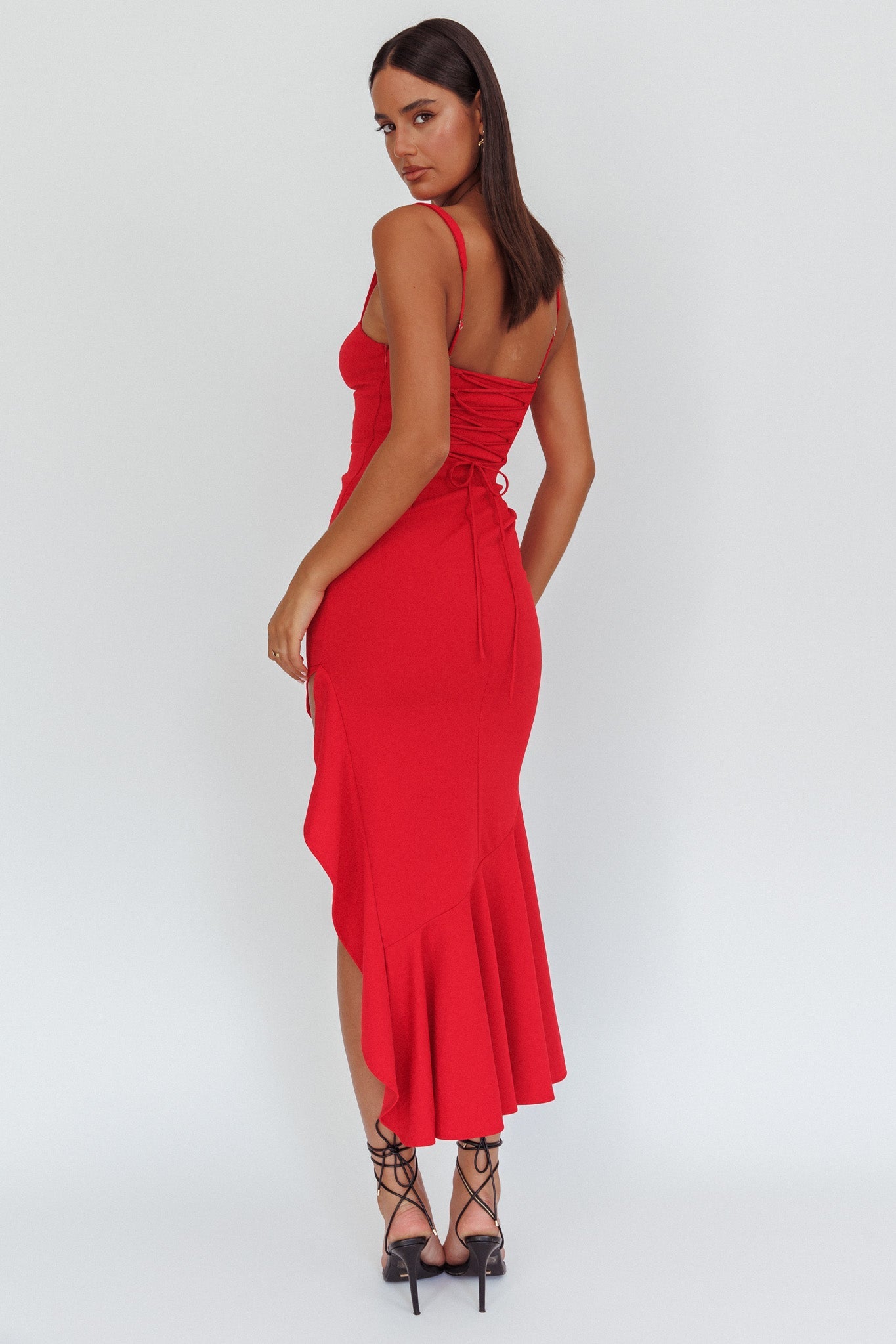 Vestito lungo rosso con orlo asimmetrico Delighted
