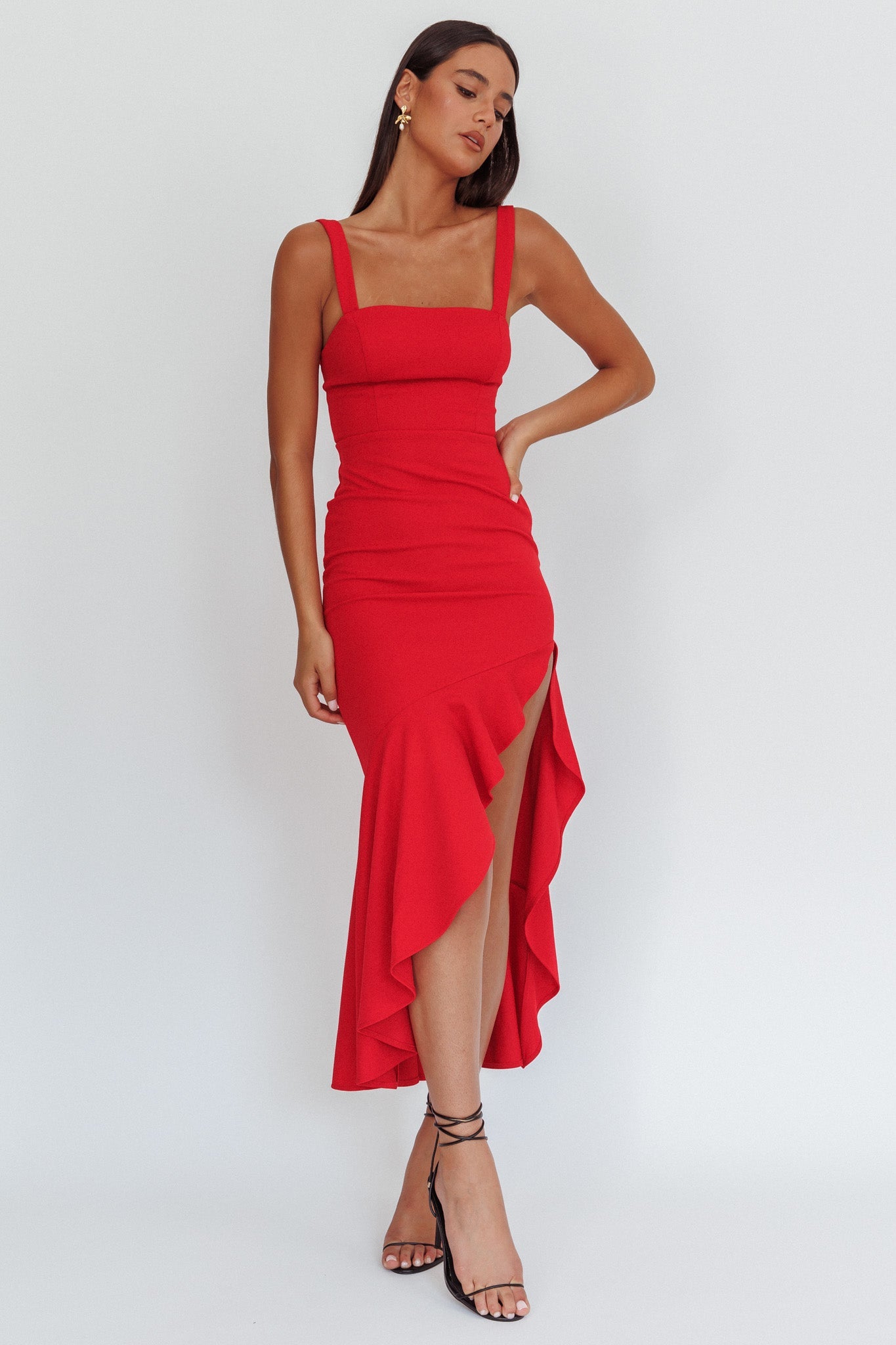 Vestito lungo rosso con orlo asimmetrico Delighted