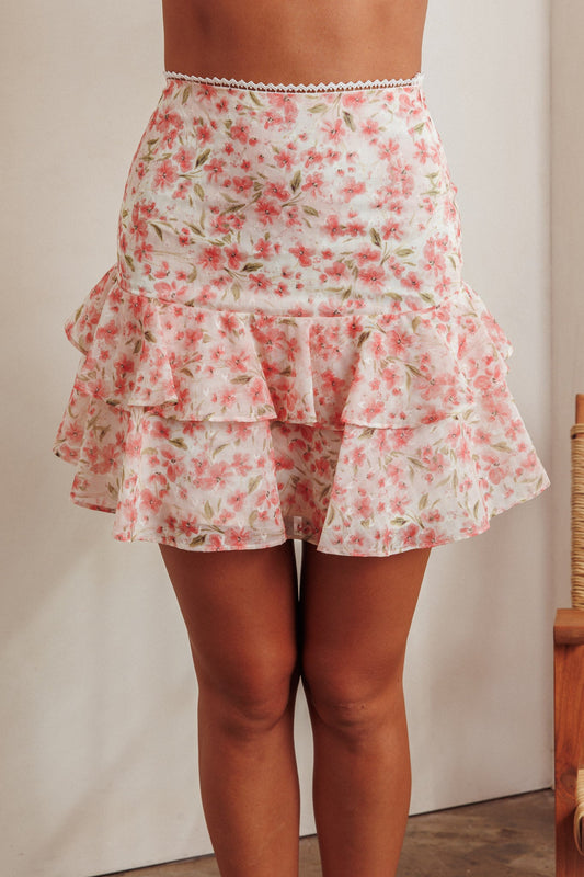 Minigonna a vita alta con volant Loveletters rosa floreale