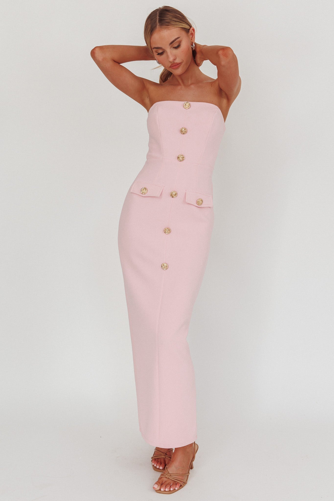 She Is Abito lungo senza spalline con bottoni sul davanti, rosa