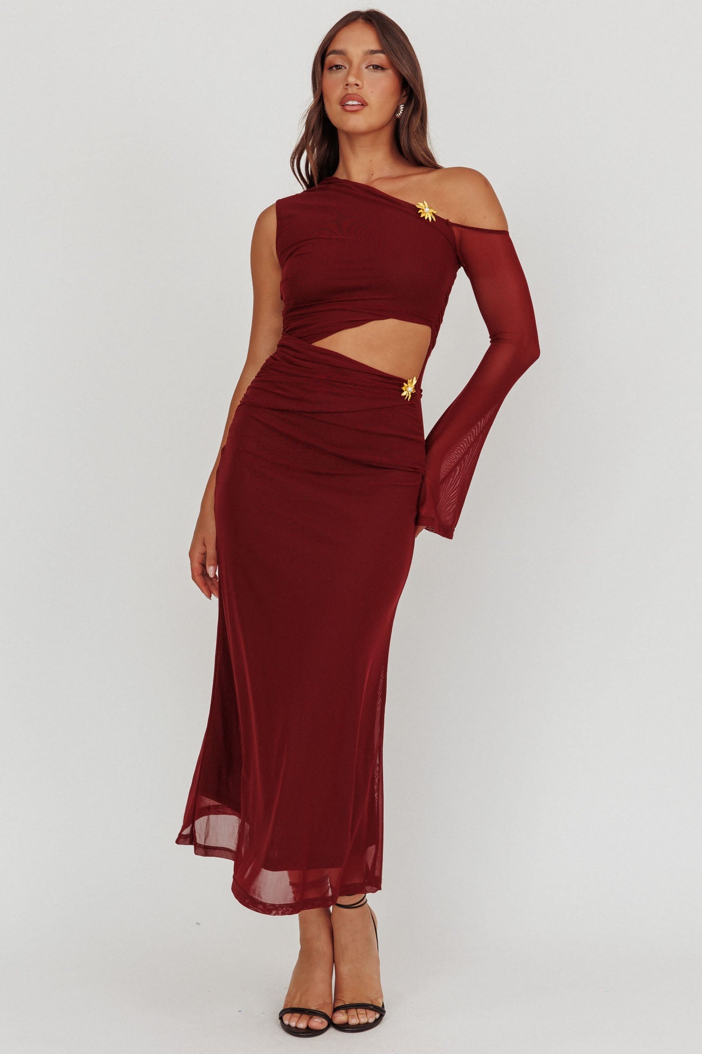 Abito lungo monospalla con cut-out Prima, colore vino