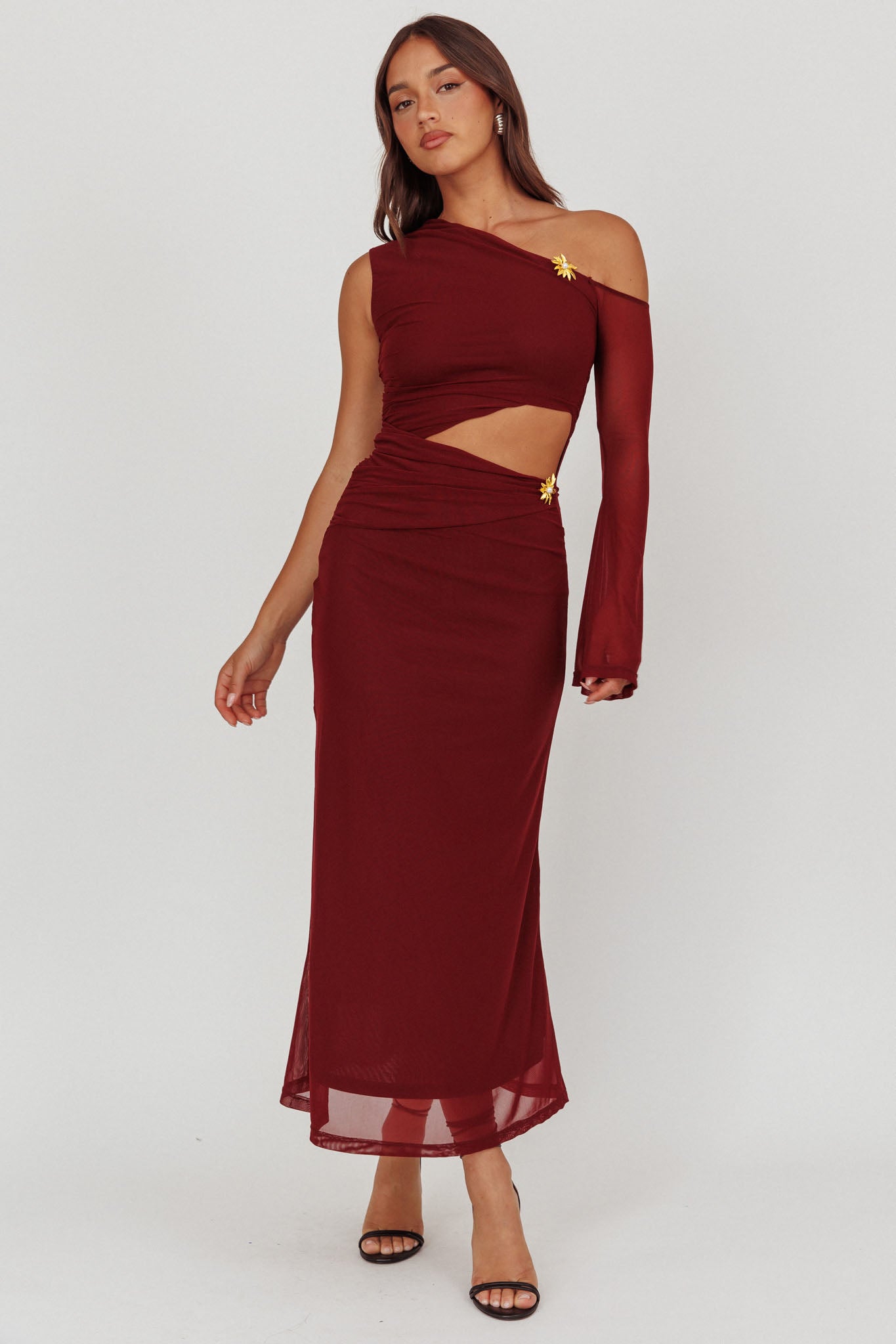 Abito lungo monospalla con cut-out Prima, colore vino