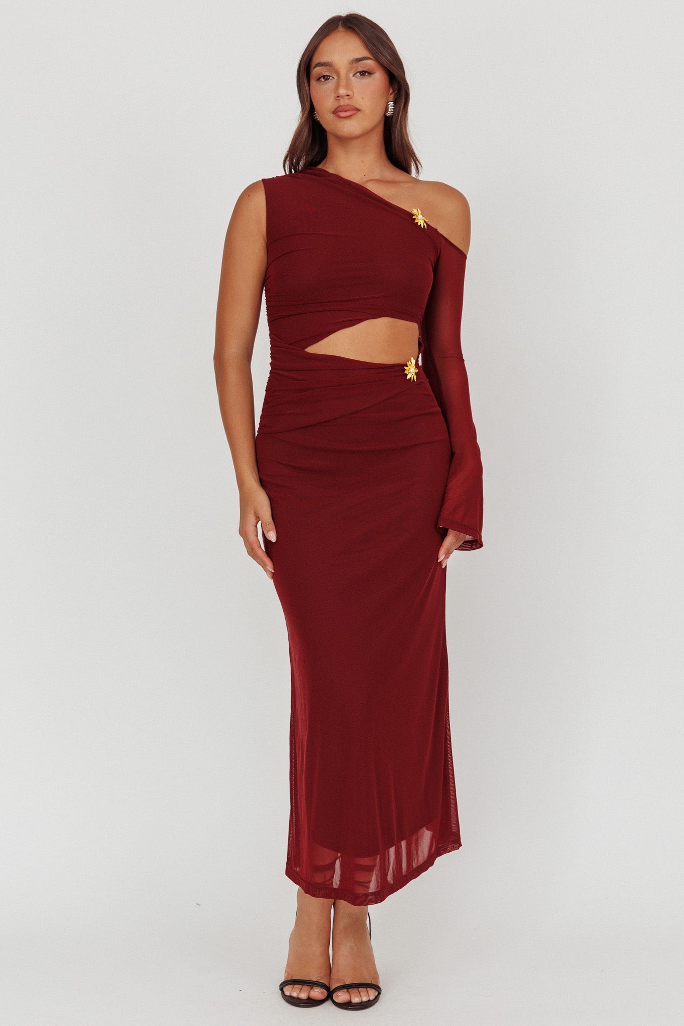 Abito lungo monospalla con cut-out Prima, colore vino