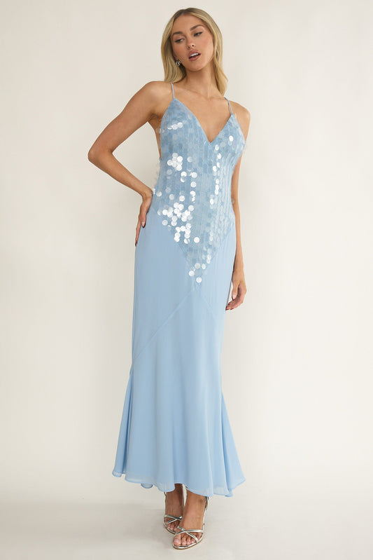 Abito lungo incrociato con scollo a V Meranda e paillettes blu