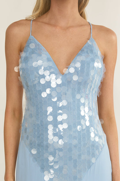 Abito lungo incrociato con scollo a V Meranda e paillettes blu