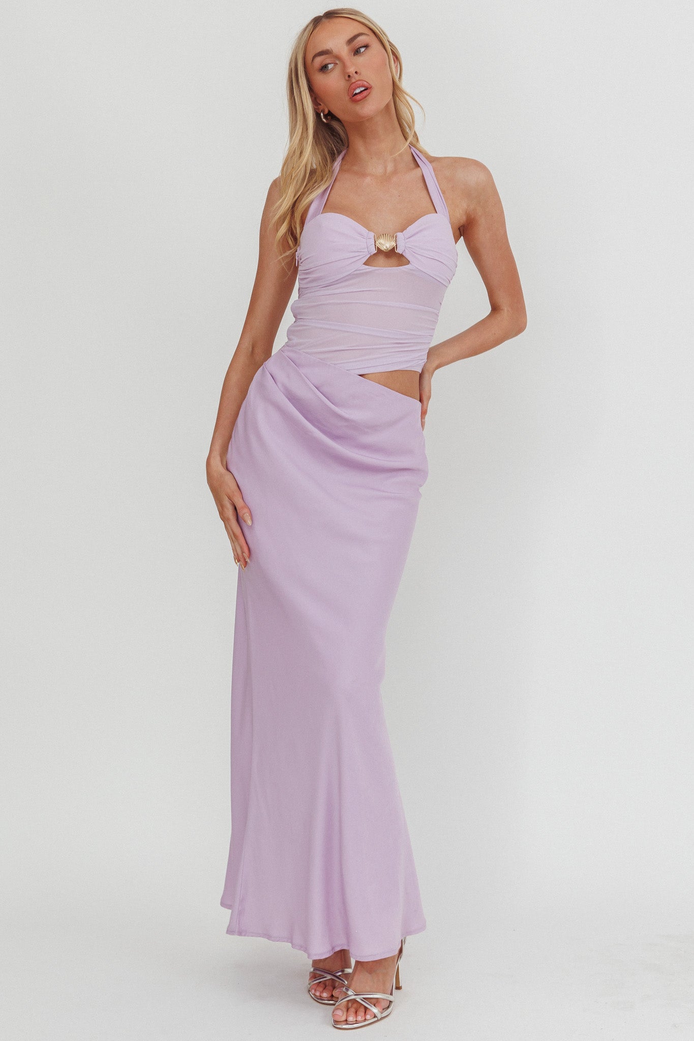 Abito lungo con scollo all'americana e fibbia Sandy Shell Lilla