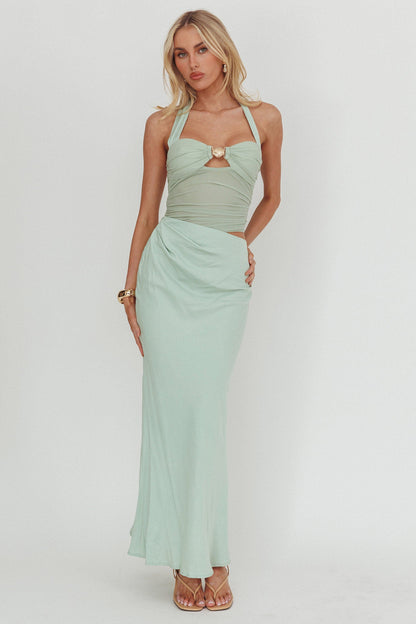 Abito lungo con scollo all'americana e fibbia Sandy Shell Sage