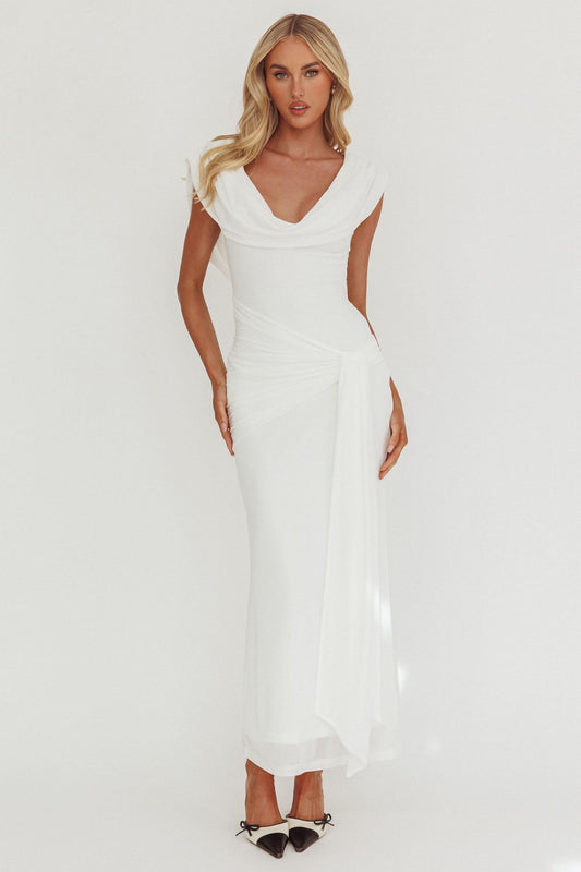Abito lungo con spalle drappeggiate bianco Virgo Season