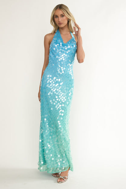 Abito lungo con paillettes e scollo all'americana asimmetrico Kirralee, blu e multicolore