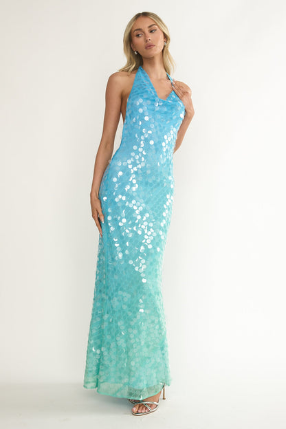 Abito lungo con paillettes e scollo all'americana asimmetrico Kirralee, blu e multicolore