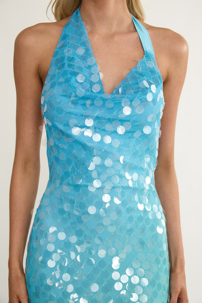 Abito lungo con paillettes e scollo all'americana asimmetrico Kirralee, blu e multicolore