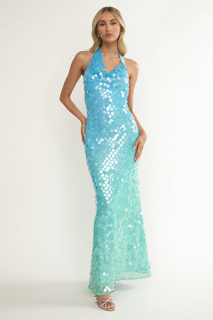 Abito lungo con paillettes e scollo all'americana asimmetrico Kirralee, blu e multicolore