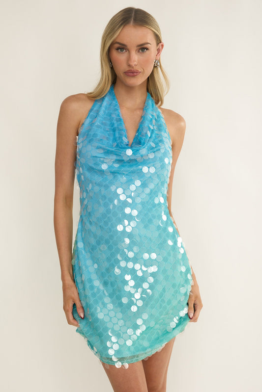 Misky Mini abito con scollo a cappuccio e paillettes blu multi