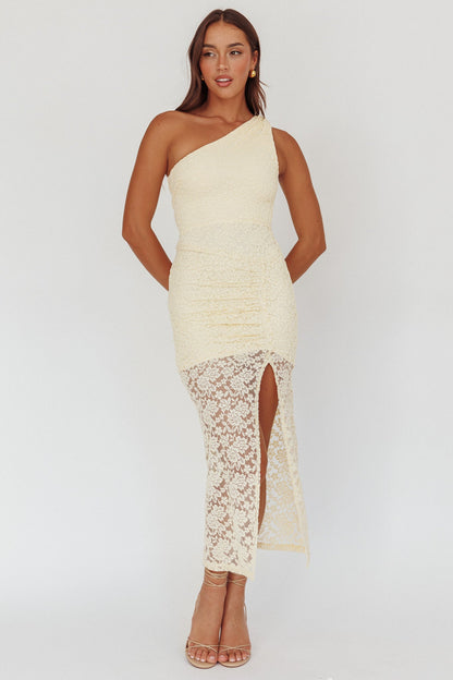 Abito midi monospalla con spacco Lingering Love in pizzo giallo