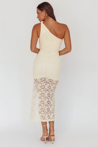 Abito midi monospalla con spacco Lingering Love in pizzo giallo