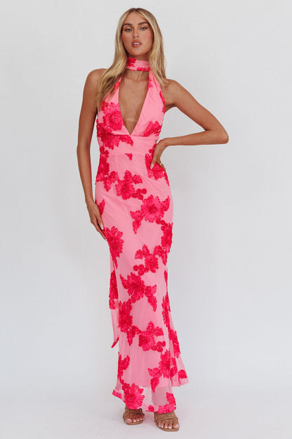 Abito lungo con scollo all'americana e schiena scoperta Cipriana, decorato in rosa
