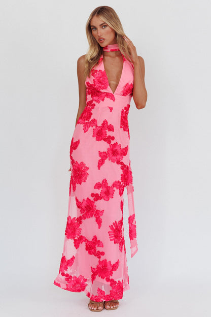 Abito lungo con scollo all'americana e schiena scoperta Cipriana, decorato in rosa