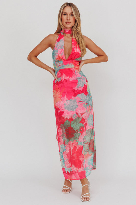 Abito lungo con scollo all'americana e schiena scoperta Cipriana, floreale, fucsia