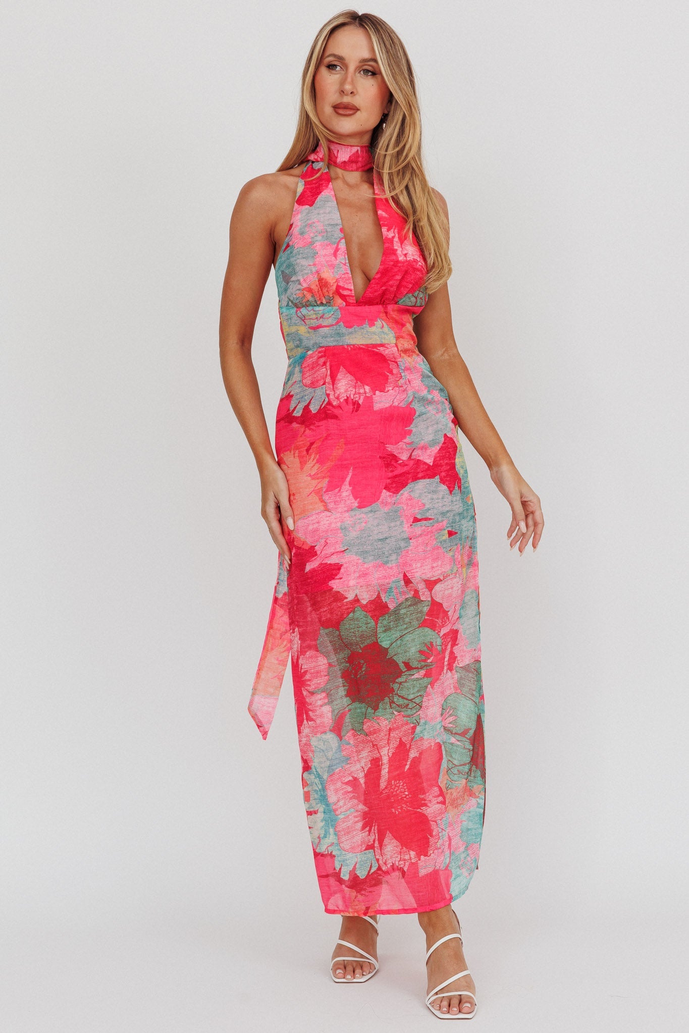 Abito lungo con scollo all'americana e schiena scoperta Cipriana, floreale, fucsia
