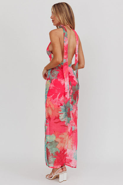 Abito lungo con scollo all'americana e schiena scoperta Cipriana, floreale, fucsia