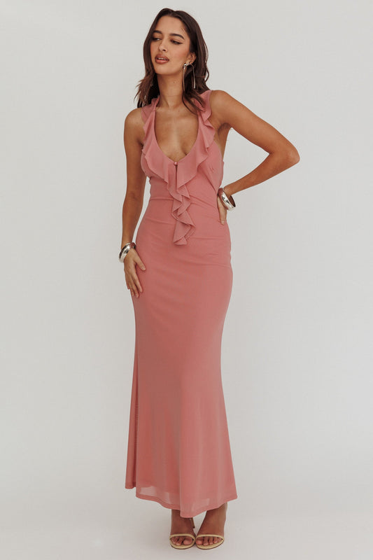 Abito lungo con scollo all'americana e volant Live Loud Rosa
