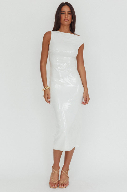 Abito midi con scollo asimmetrico Country Club, paillettes, bianco
