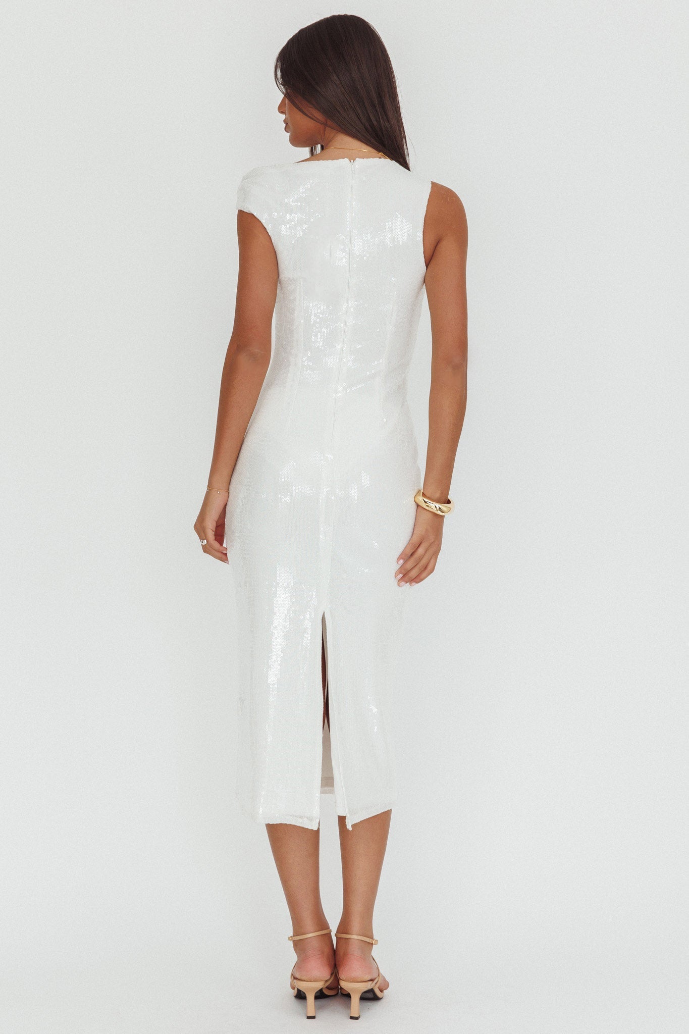 Abito midi con scollo asimmetrico Country Club, paillettes, bianco