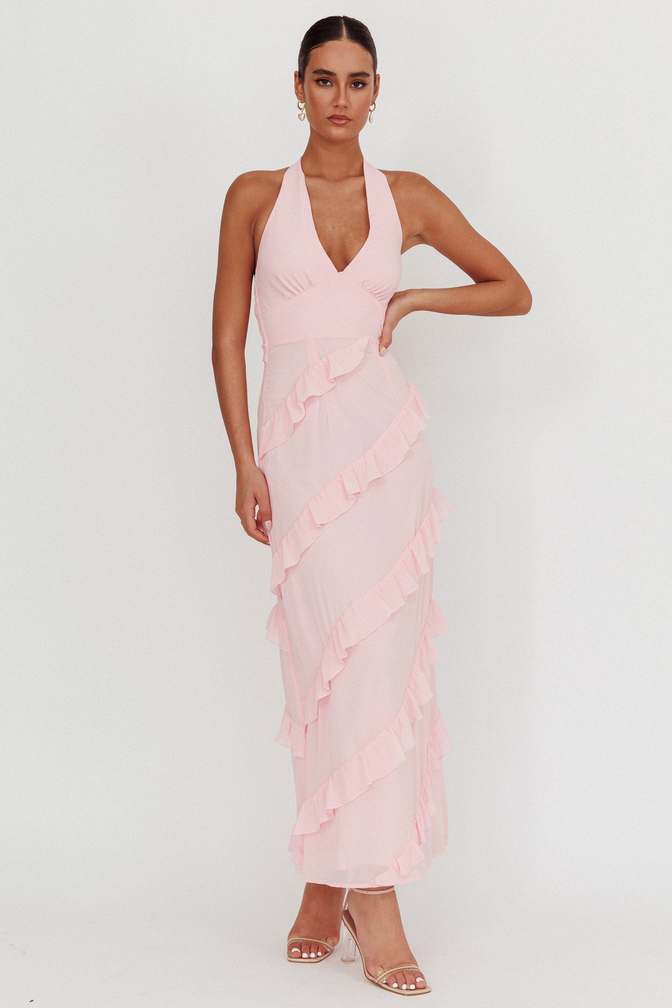 Abito lungo con volant e scollo all'americana Flirt Blush