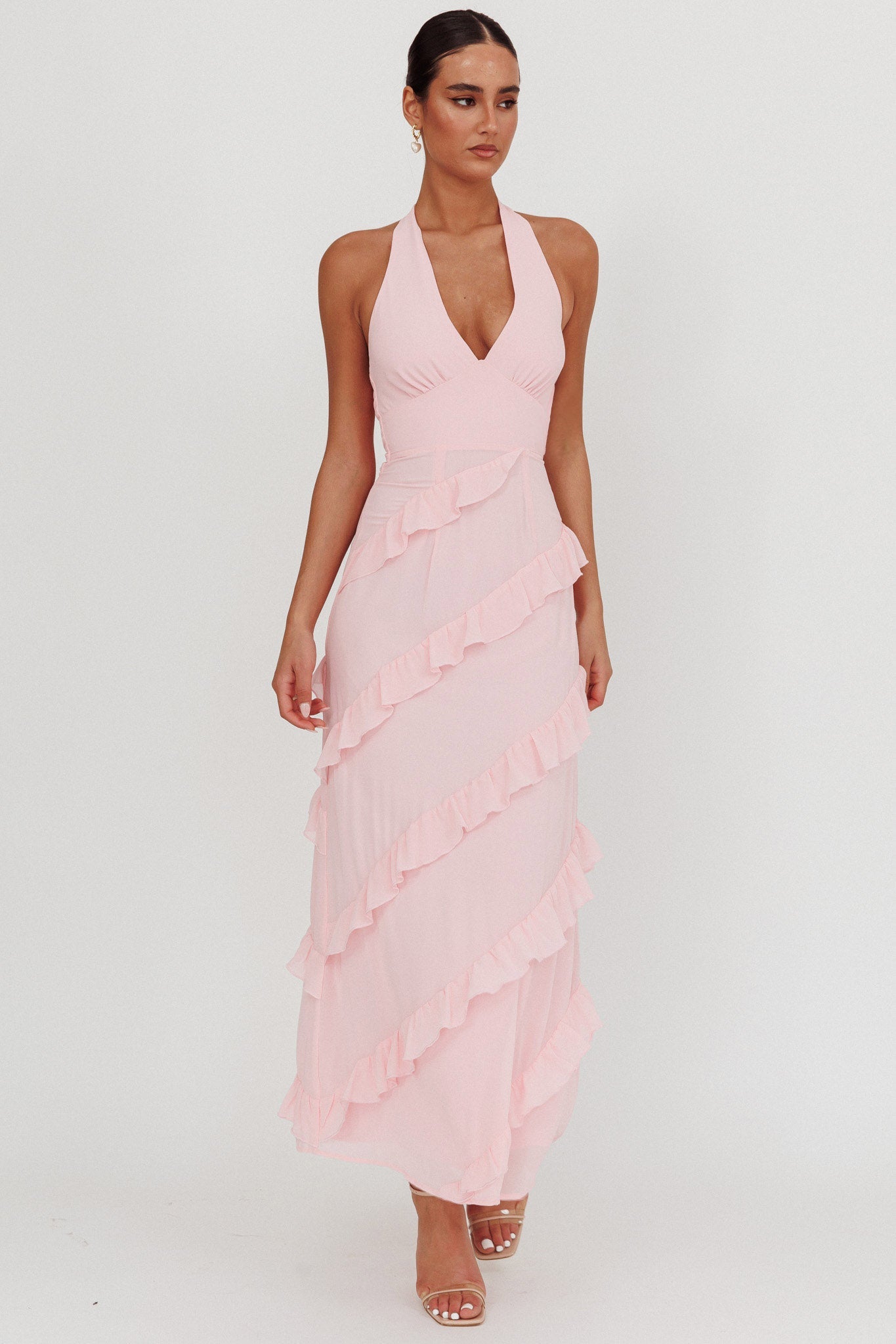 Abito lungo con volant e scollo all'americana Flirt Blush