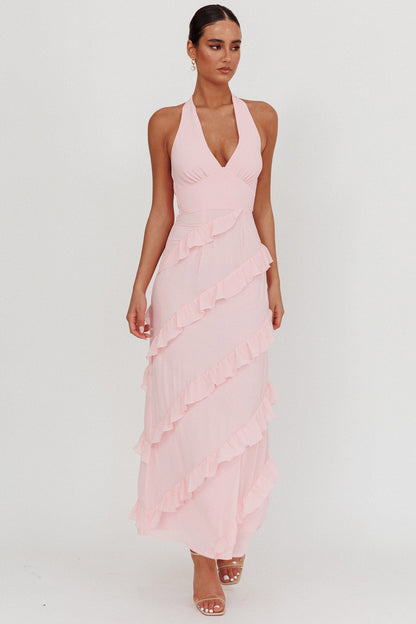 Abito lungo con volant e scollo all'americana Flirt Blush