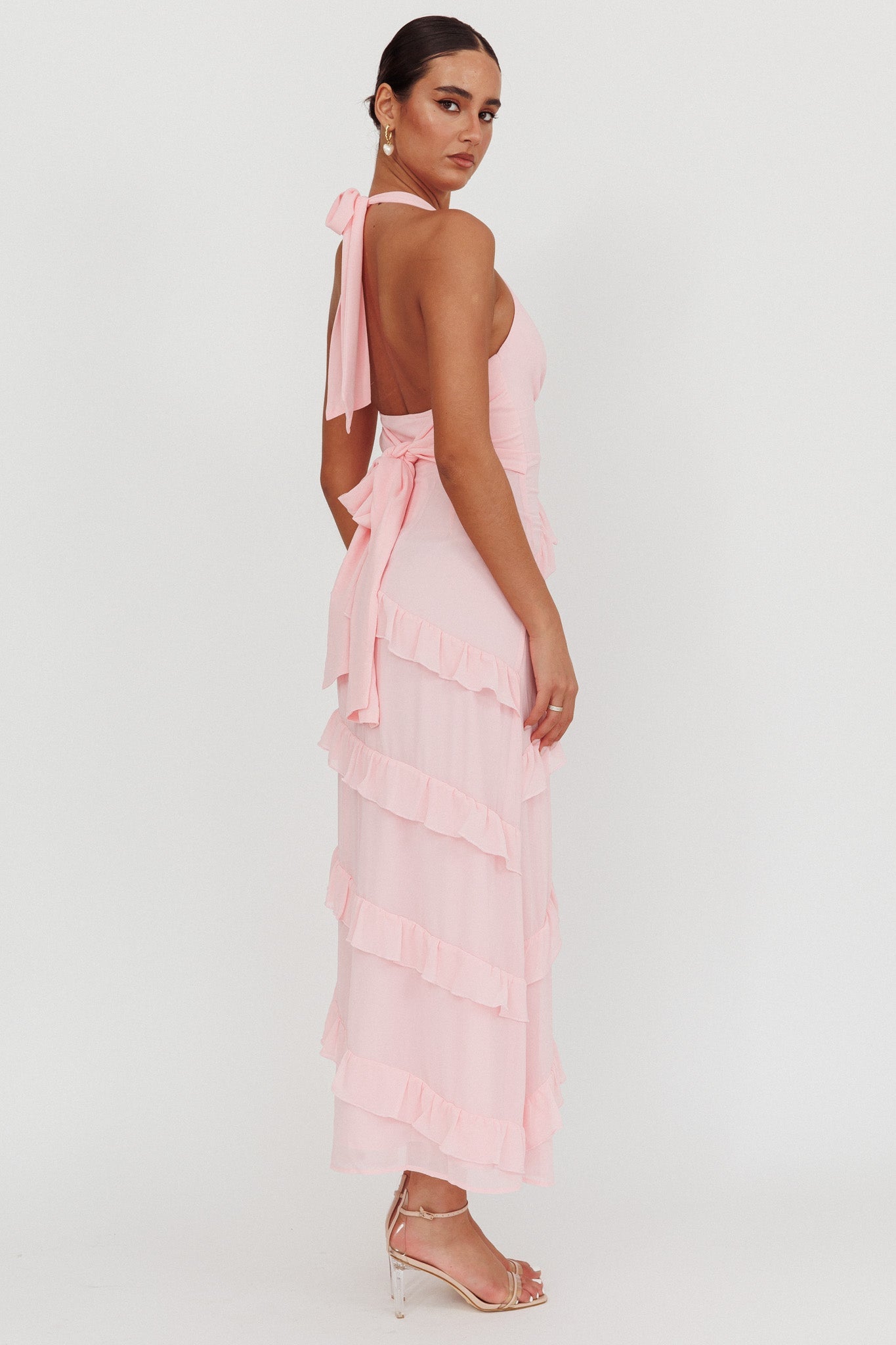 Abito lungo con volant e scollo all'americana Flirt Blush