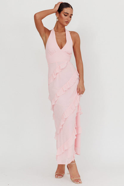 Abito lungo con volant e scollo all'americana Flirt Blush