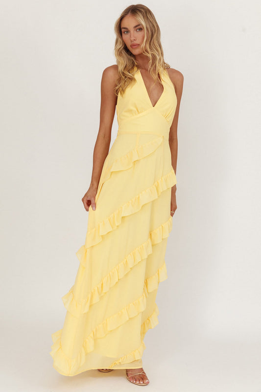 Abito lungo con volant e scollo all'americana Flirt Limone