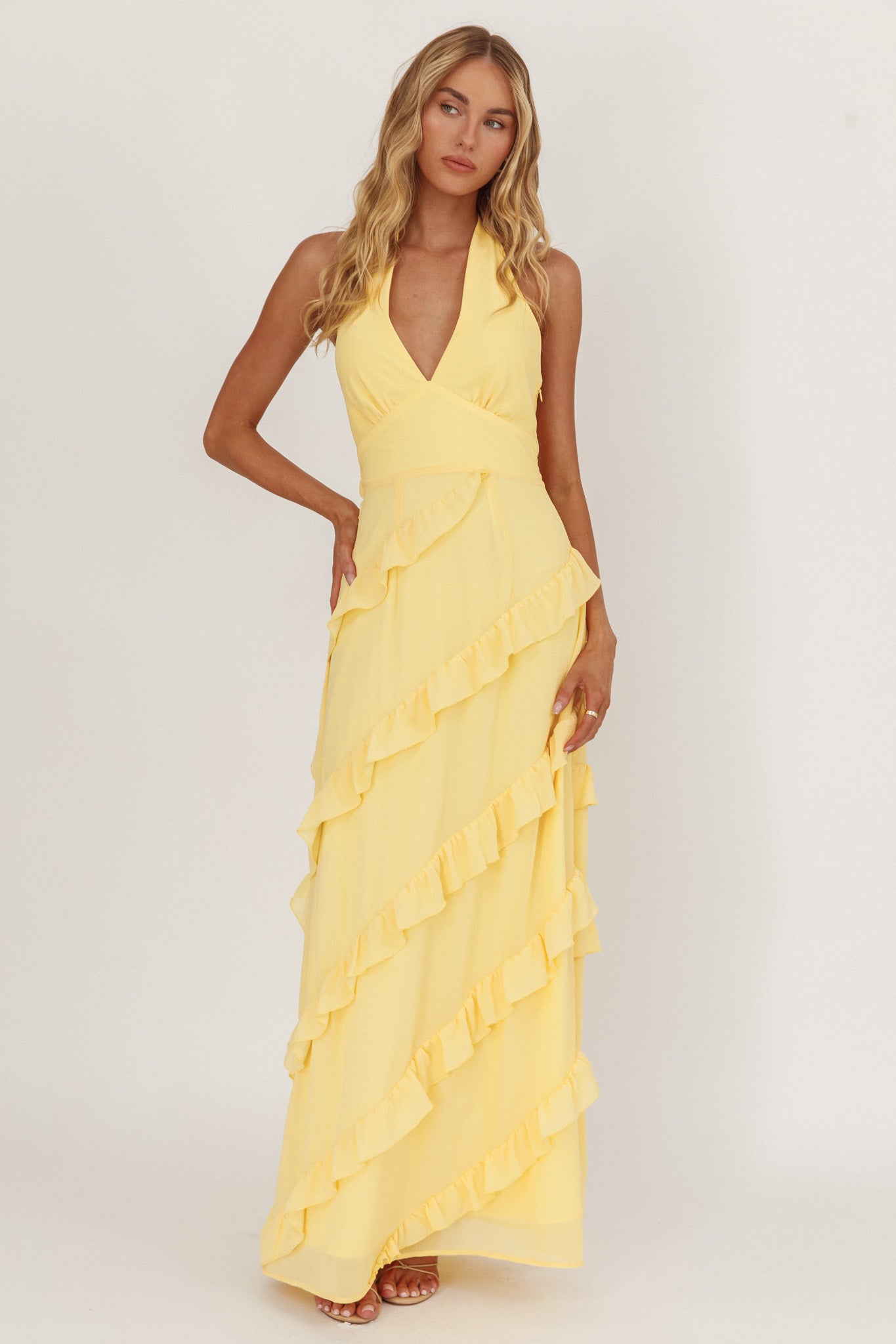 Abito lungo con volant e scollo all'americana Flirt Limone