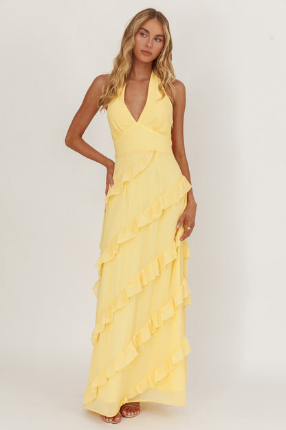 Abito lungo con volant e scollo all'americana Flirt Limone