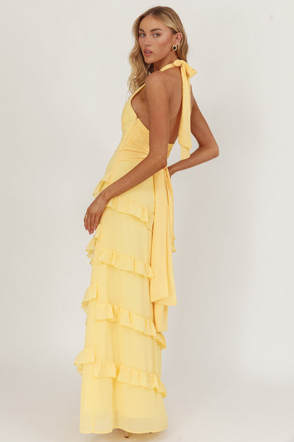 Abito lungo con volant e scollo all'americana Flirt Limone
