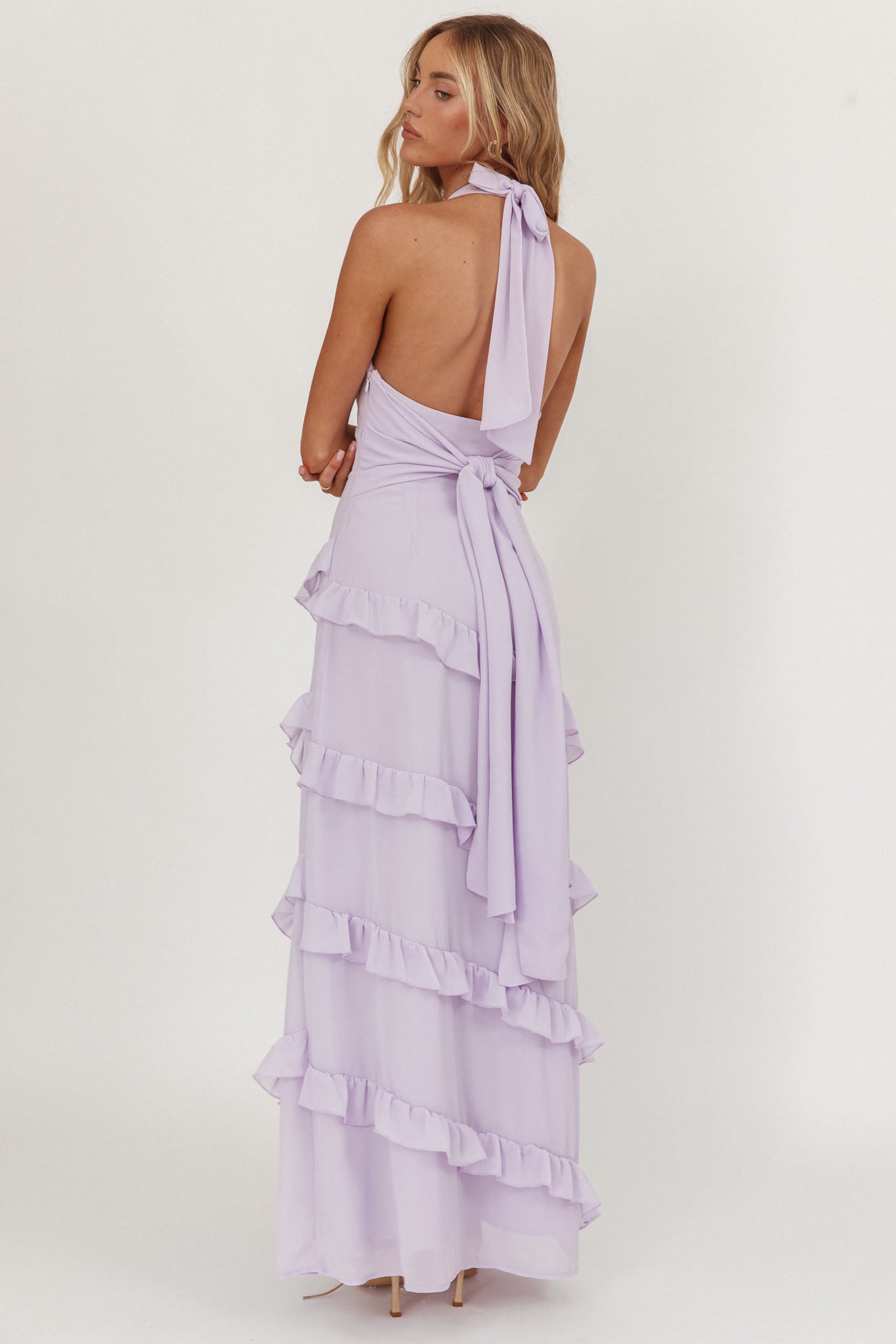 Abito lungo con volant e scollo all'americana Flirt Lilla