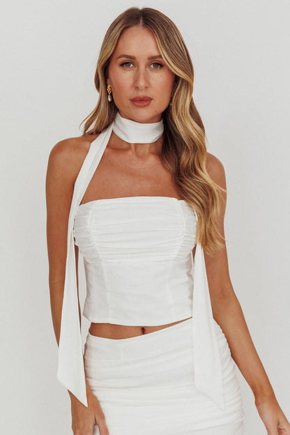 Top senza spalline Charise con laccetti al collo color avorio