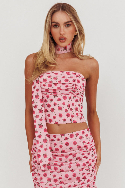 Top senza spalline Charise con laccetti e rose rosa
