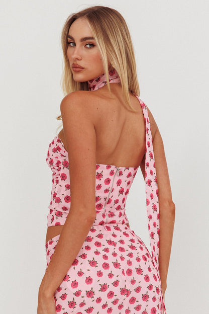 Top senza spalline Charise con laccetti e rose rosa