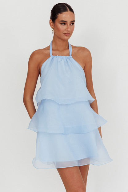 Mini abito con scollo all'americana e balze Tulips azzurro