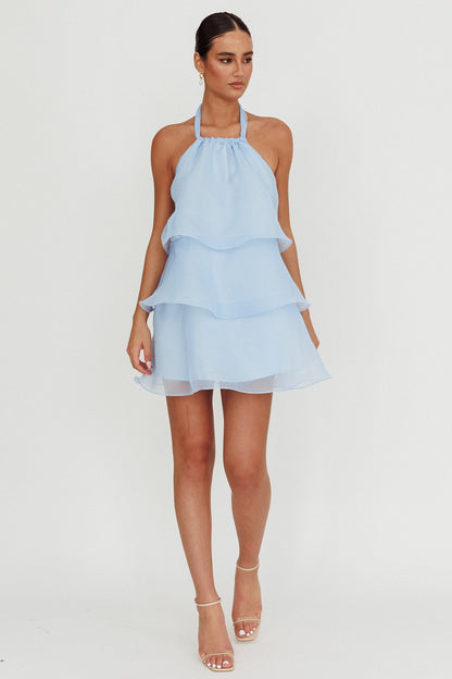 Mini abito con scollo all'americana e balze Tulips azzurro