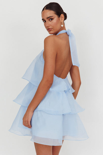 Mini abito con scollo all'americana e balze Tulips azzurro