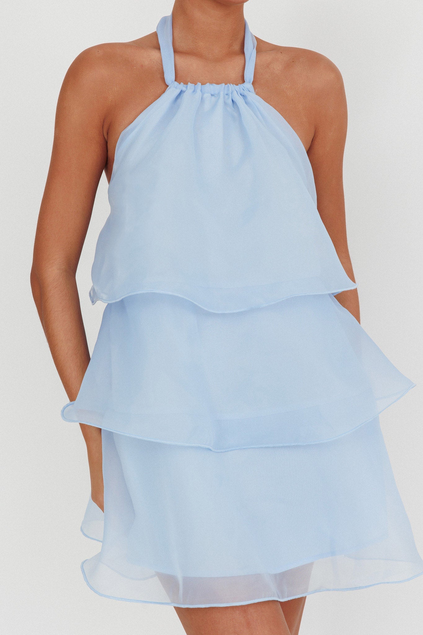 Mini abito con scollo all'americana e balze Tulips azzurro