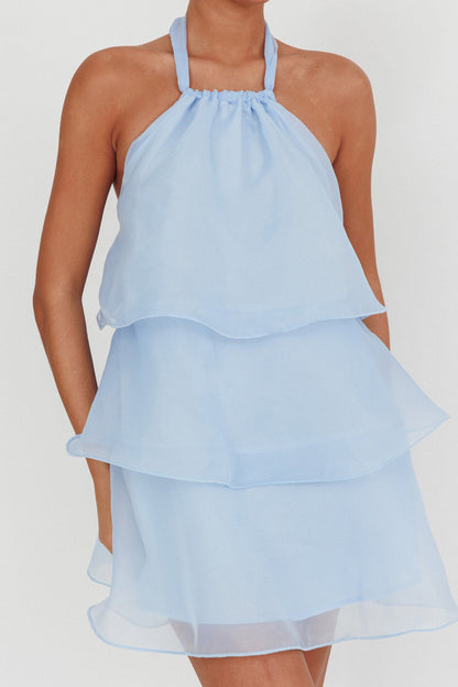 Mini abito con scollo all'americana e balze Tulips azzurro