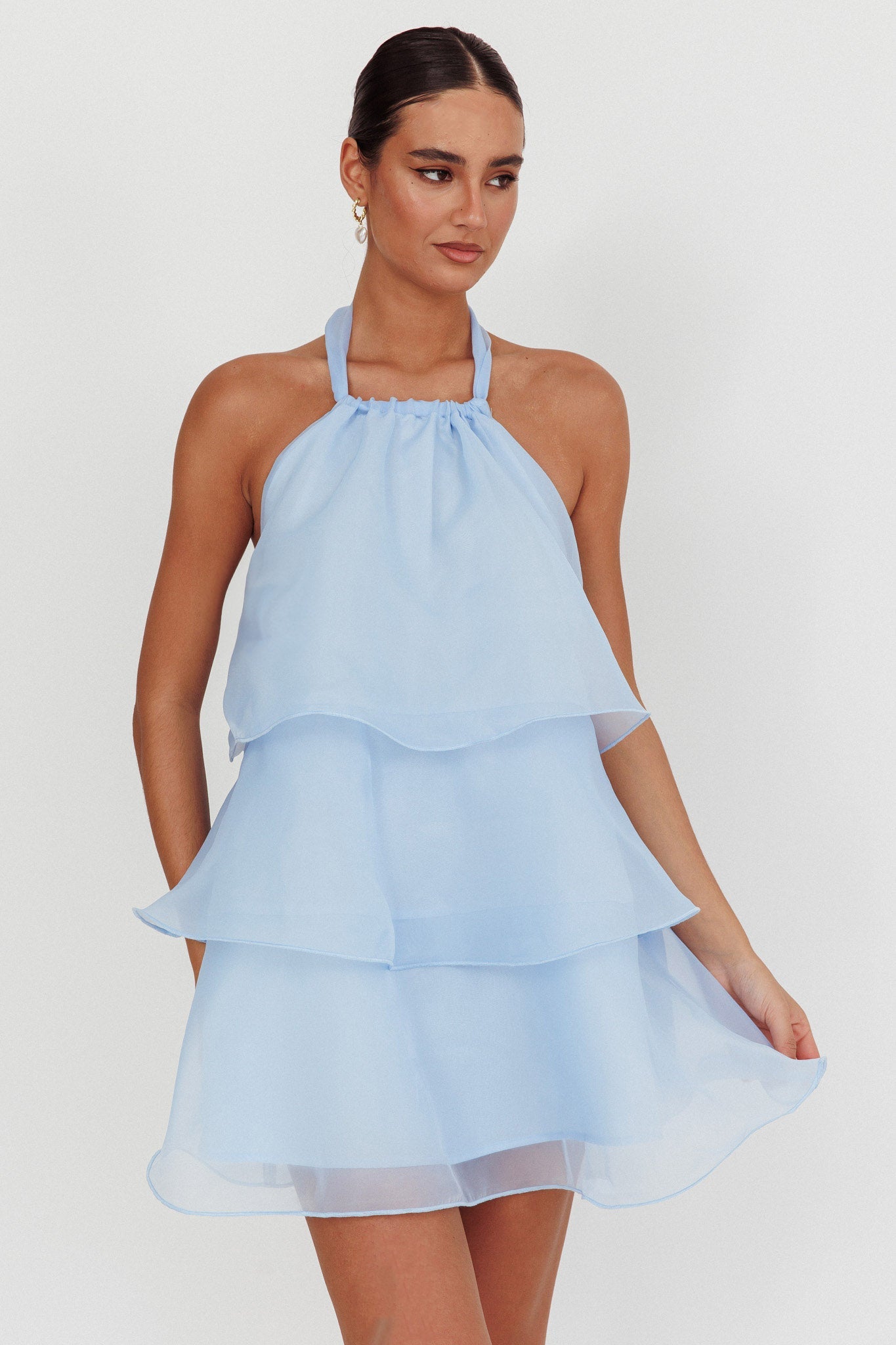 Mini abito con scollo all'americana e balze Tulips azzurro