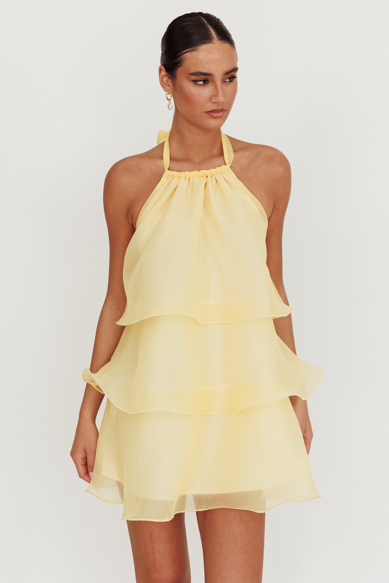 Mini abito con scollo all'americana e balze Tulips Limone
