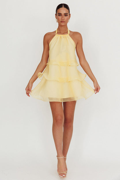 Mini abito con scollo all'americana e balze Tulips Limone