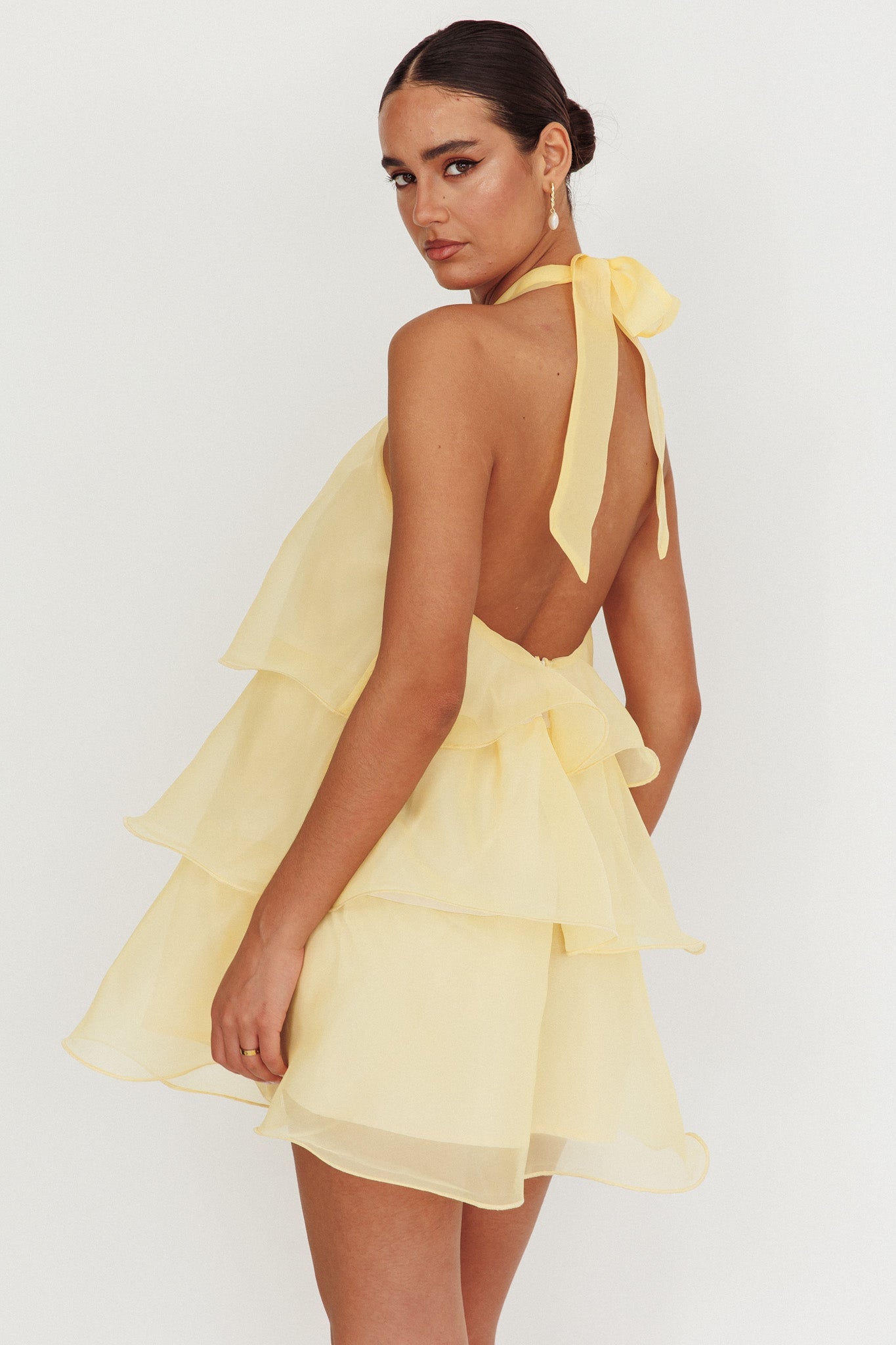 Mini abito con scollo all'americana e balze Tulips Limone