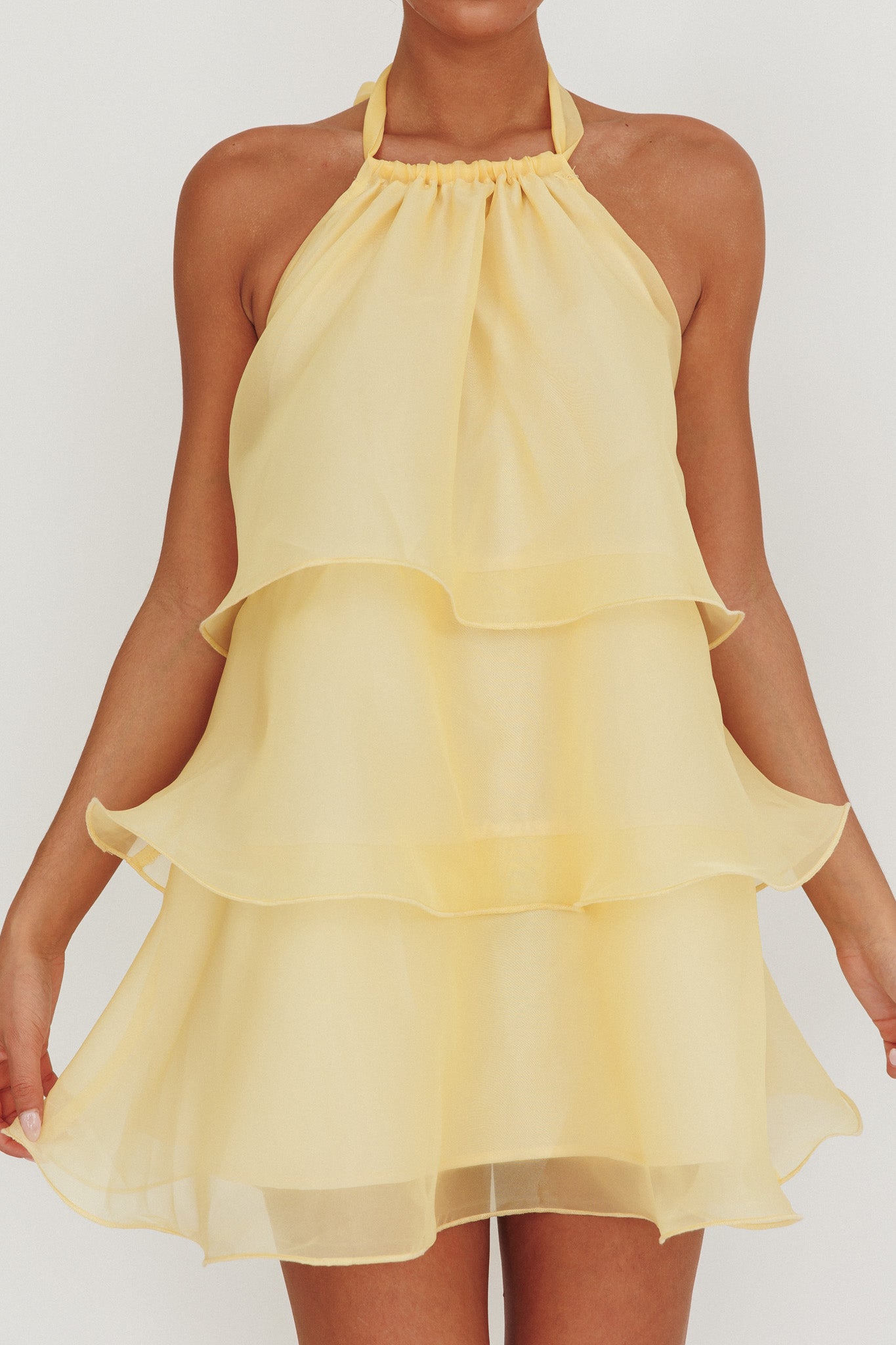 Mini abito con scollo all'americana e balze Tulips Limone